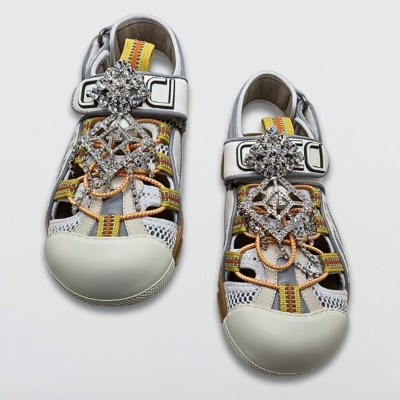Gucci Tinsel Sport Sandals Mesh Fabric GG Crystal Chain White/Silver W 35.5 NIB - Picture 3 of 10